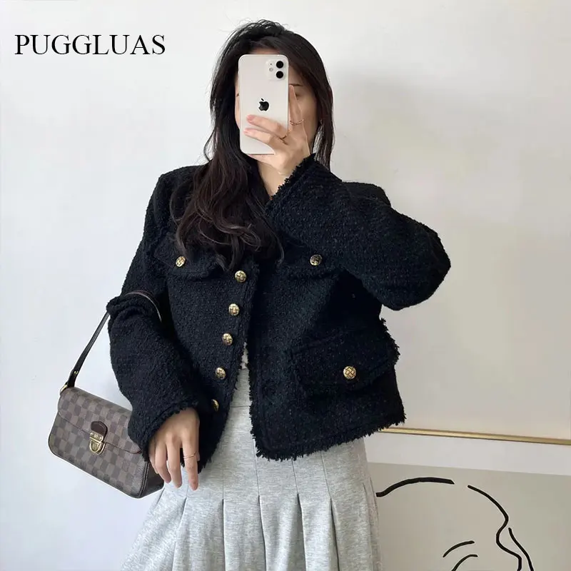 

2022 Winter Black Jackets Women Long Sleeve Vintage Elegant Short Coat Korean Fashion Button Loose Y2k Cropped Jacket Outwear