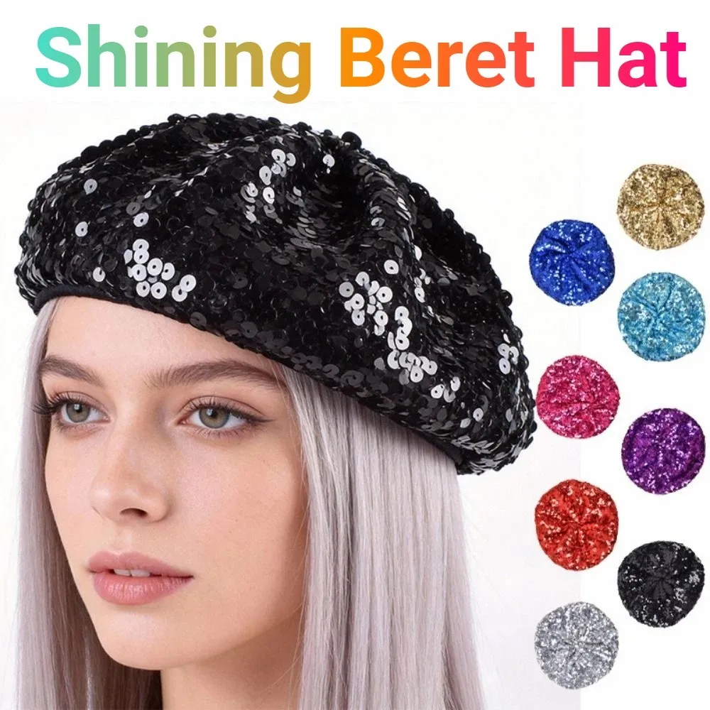 Elegant Chic Glitter Beanie Cap Solid Color Retro Shining Beret Hat Sparkling Lightweight Shiny Painter Hat Music Festivals