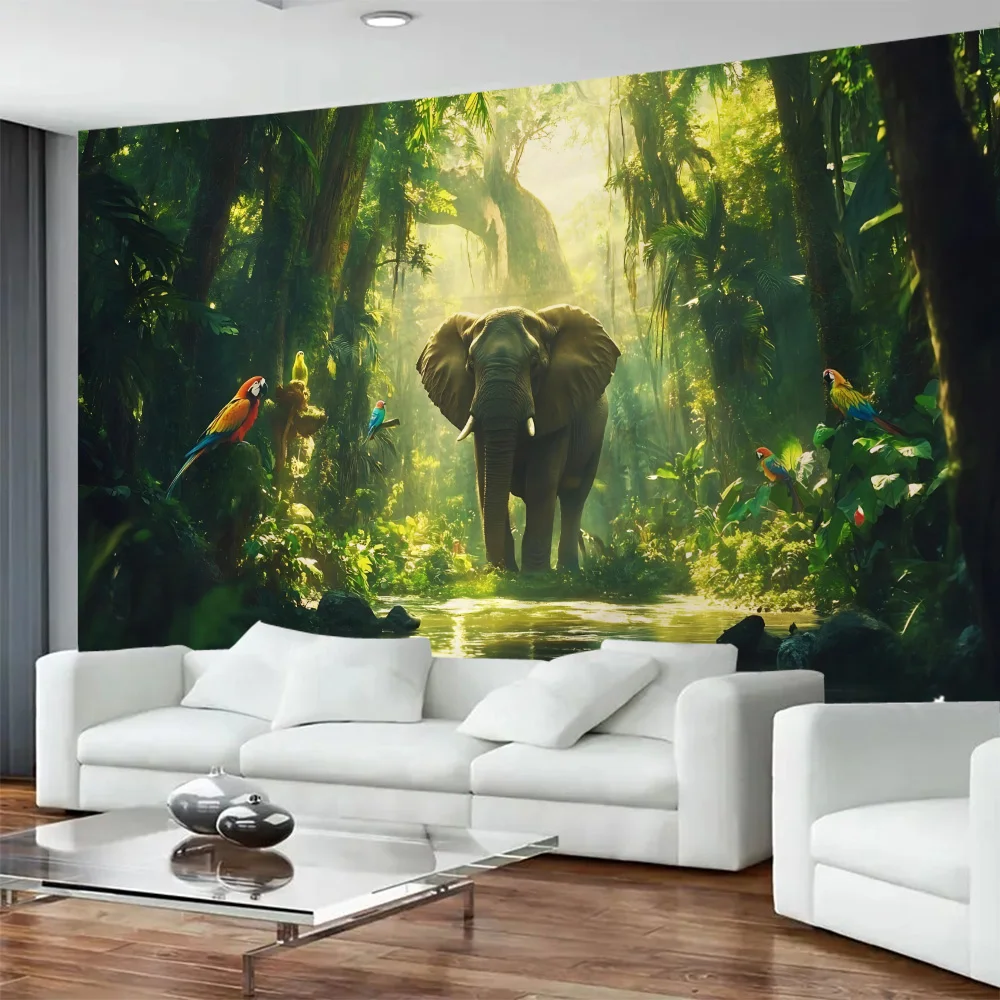 

Bohemian Elephant Art Tapestry Sunrise Sunset Forest Landscape Home Decoration Wall Hanging Hippie Living Room Background Cloth