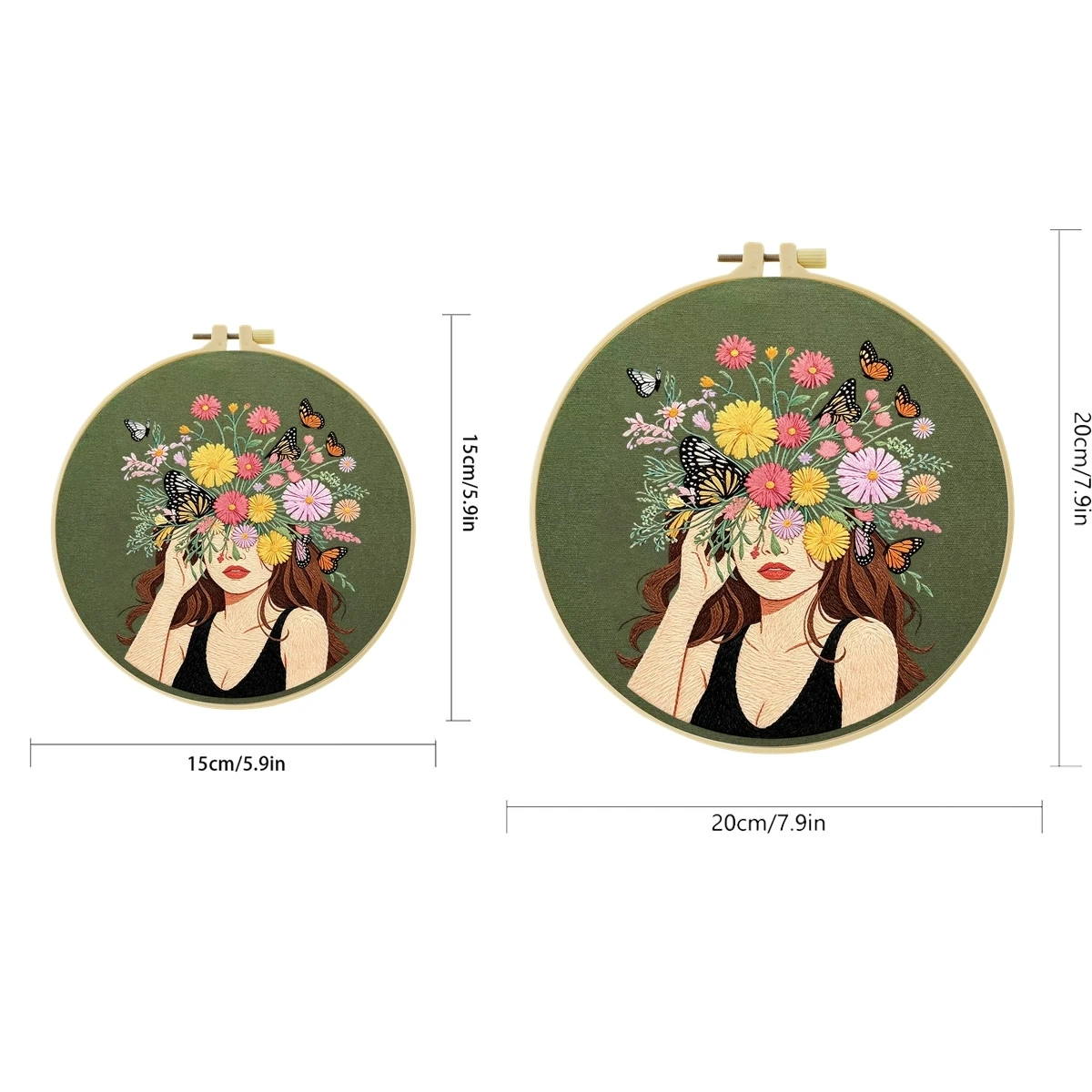 1 Set Blumen-Schmetterling-Gesicht Mädchen DIY-Stickerei-Set für Anfänger, Stickerei-Starter-Kit, Kreuzstich-Kunstgeschenk, Handarbeits-Bastelset – Detail 2