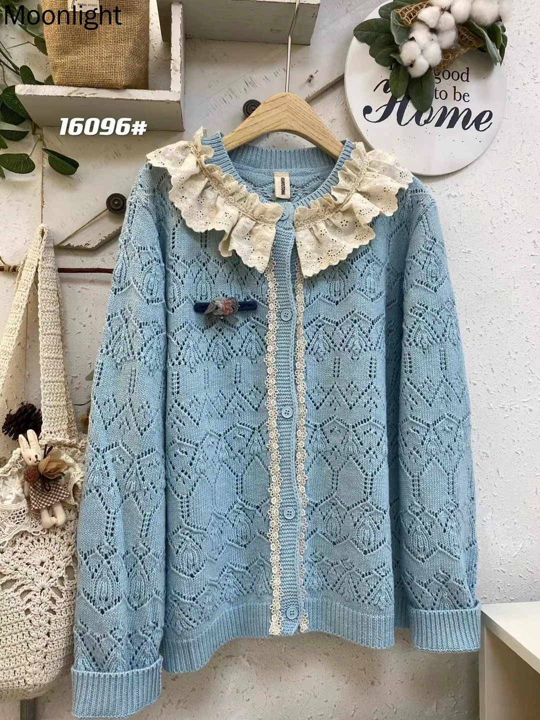 Sweet Round Collar Hollow-Out Sweater Coat Mori Style Lace Patchwork Knitted Sweaters Loose Wide Long Sleeve Cardigan Jacket