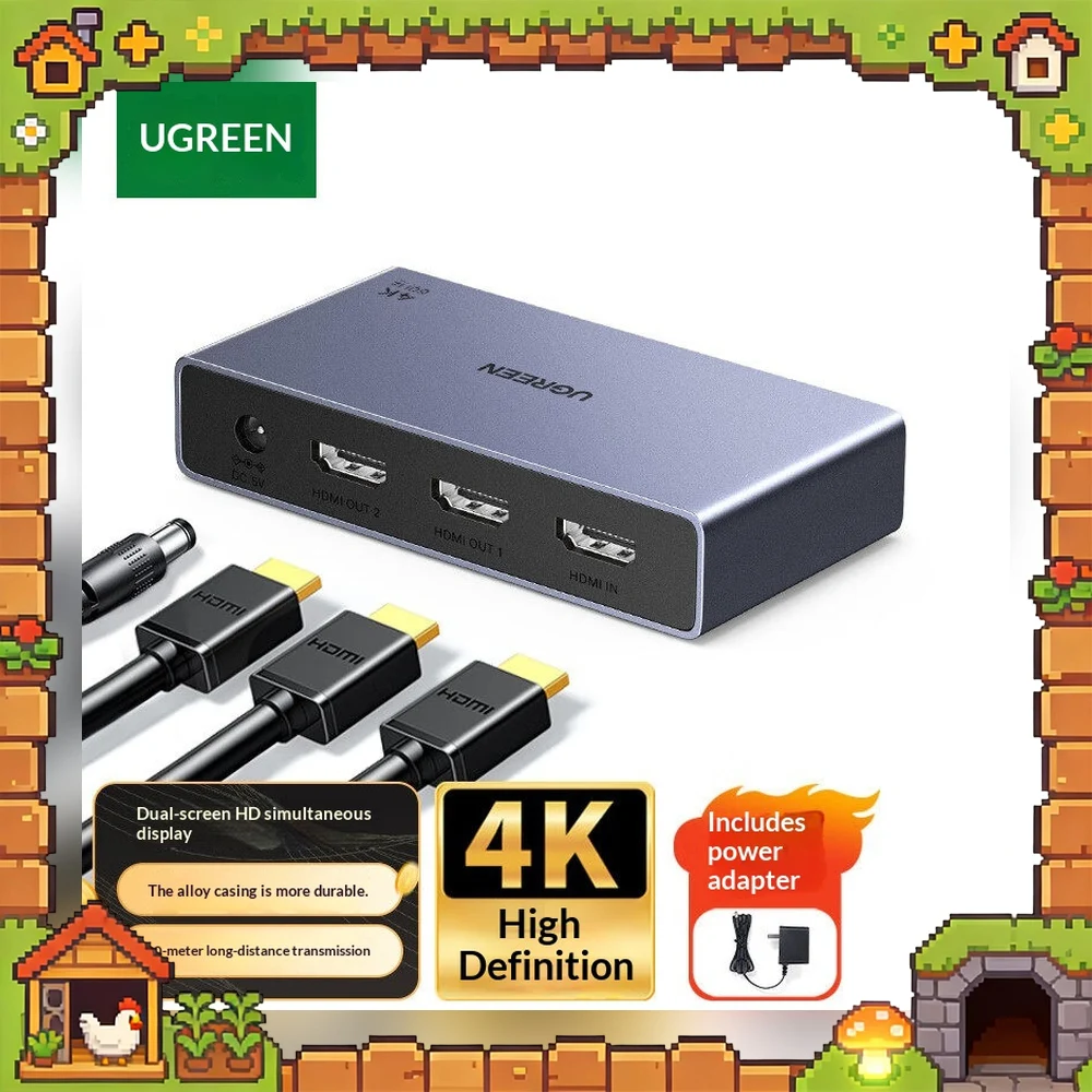 UGREEN 55491 AP500 HDMI 1.4 Splitter 1 In 2 Out 4K 30Hz Dual Display Video Distribution Adapter with EDID Switch