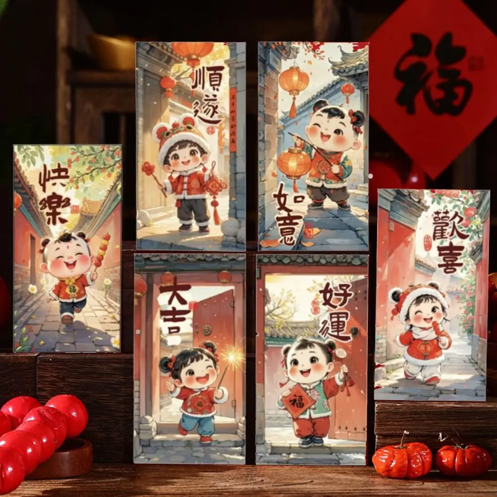 6 pçs estilo chinês ano novo envelopes vermelhos hongbao tradicional saco de dinheiro da sorte das crianças engrossado bênção