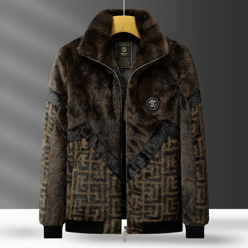 Luxury Brand Fur Jacket Men Winter Warm Faux Fur Coat Fluffy Soft High-Quality Jacket Vintage Printed Outerwear Patchwork Top