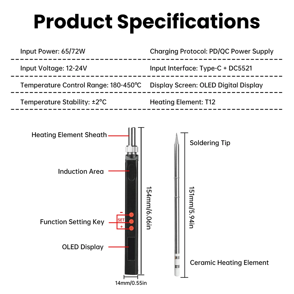 Fer à souder Portable intelligent T12, Mini Kit de fer à souder OLED PD65W, charge rapide, alimentation double Interface type-c + DC5521