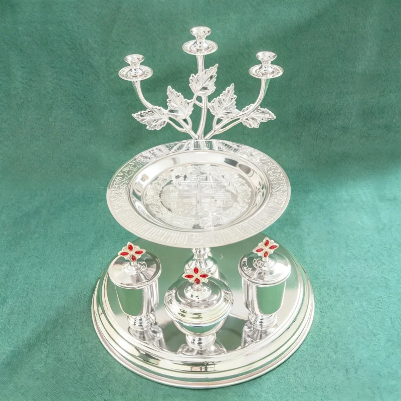 Complete Silver Plated Orthodox Church Communion Set Candlestick Chalice Ciborium Liturgical Vessels for Priest Holy Mass Euchar