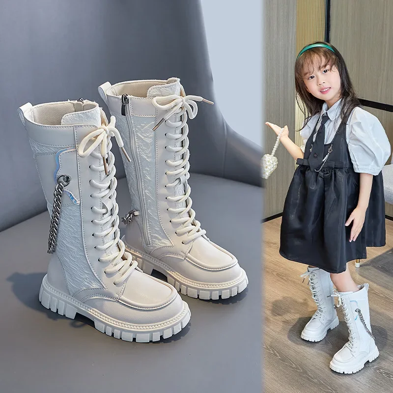 Children\'s Knight Boots 2023 New Spring & Autumn Long Boots Breathable Small Pockets with Chain Girls Catwalk Fashion Kids Boots