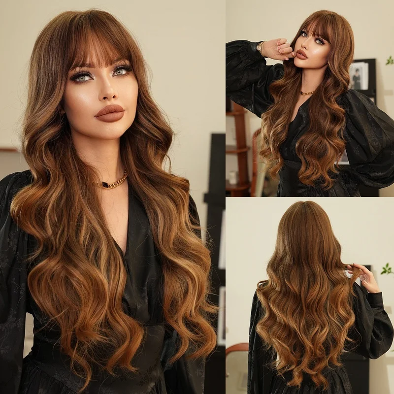 Golden highlighted long curly hair with big waves and bangs s