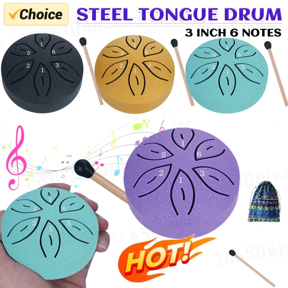 3 Inches 6 Notes Steel Tongue Drum Mini Rain Drum with Drumsticks Hollow Ethereal Drum Unique Instrument for Yoga Meditation