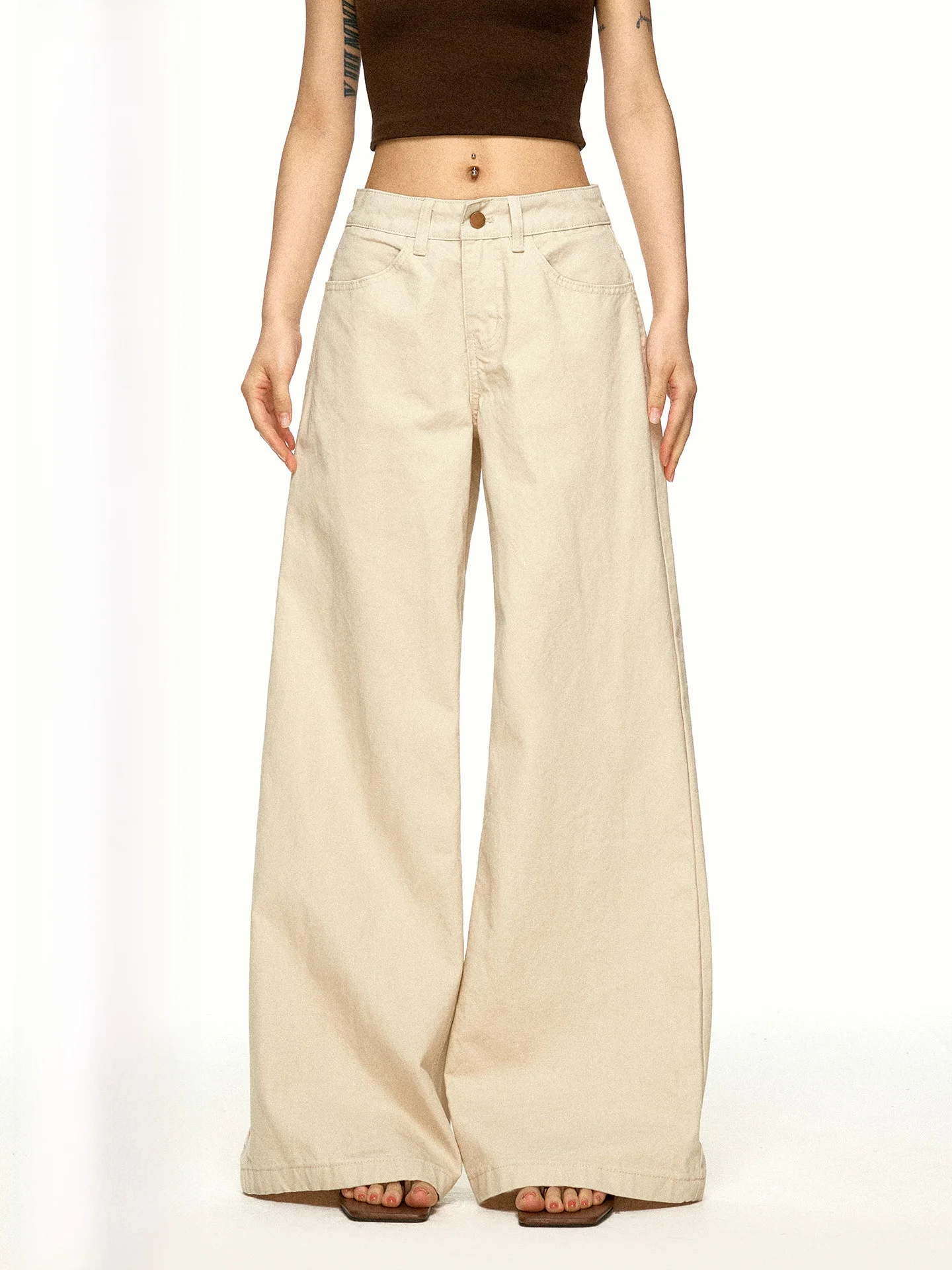 Aaisup Low Waist Ruffle Back Pocket Wide Leg Jeans Women's Loose Slimming Floor Length Pants Autumn Season Ladies Jeans