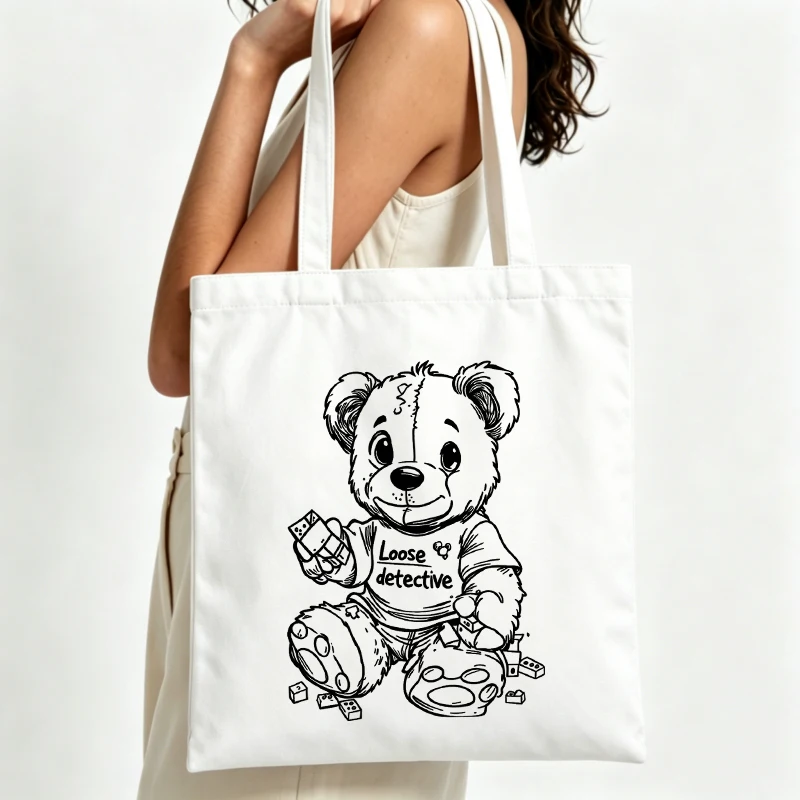 Women's canvas tote bag with teddy bear and dice graphic, casual style for daily shopping and outings