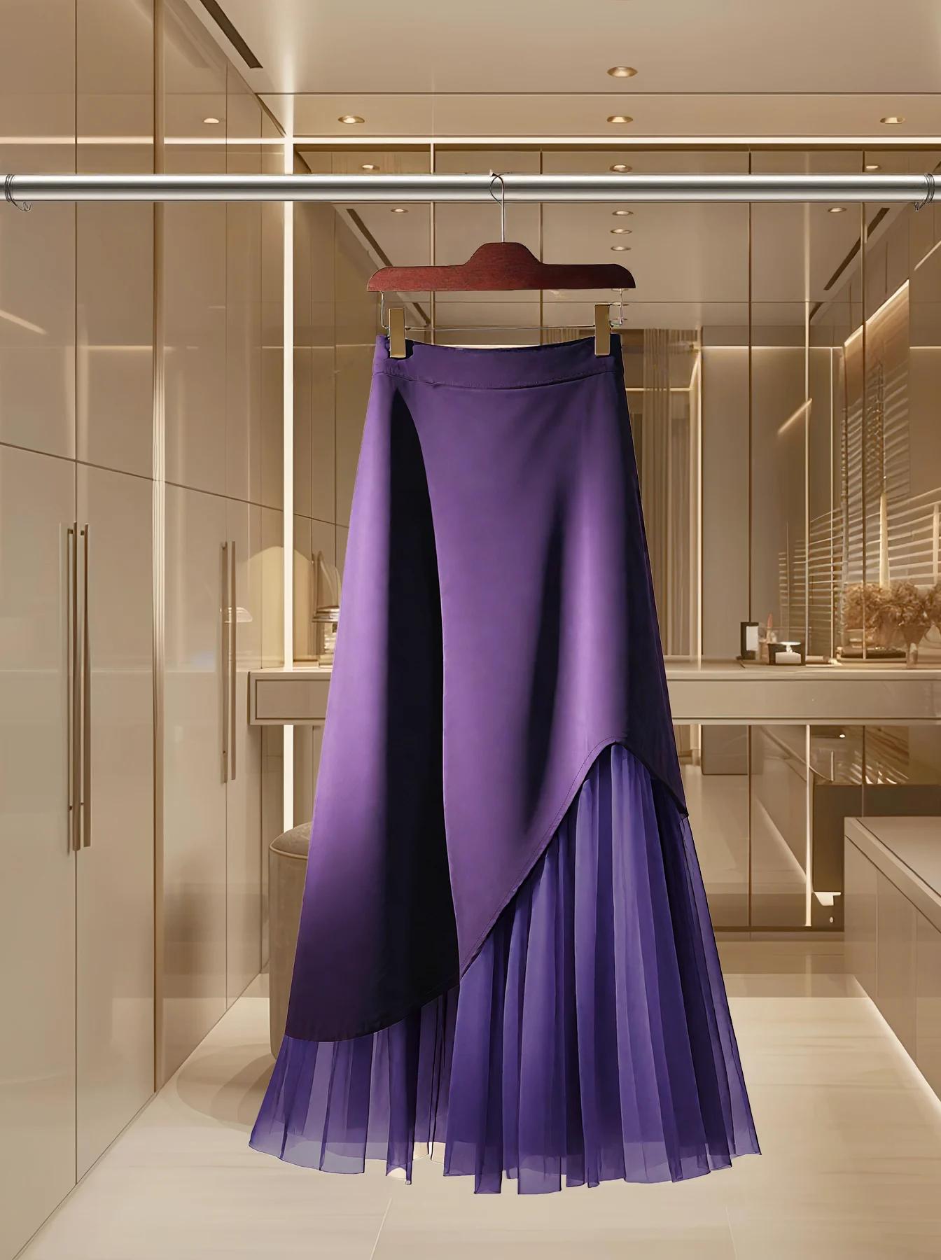 Women's Spring Summer Purple Ombre High Waist Irregular Overlay Pleated Tulle Maxi Elegant Skirt