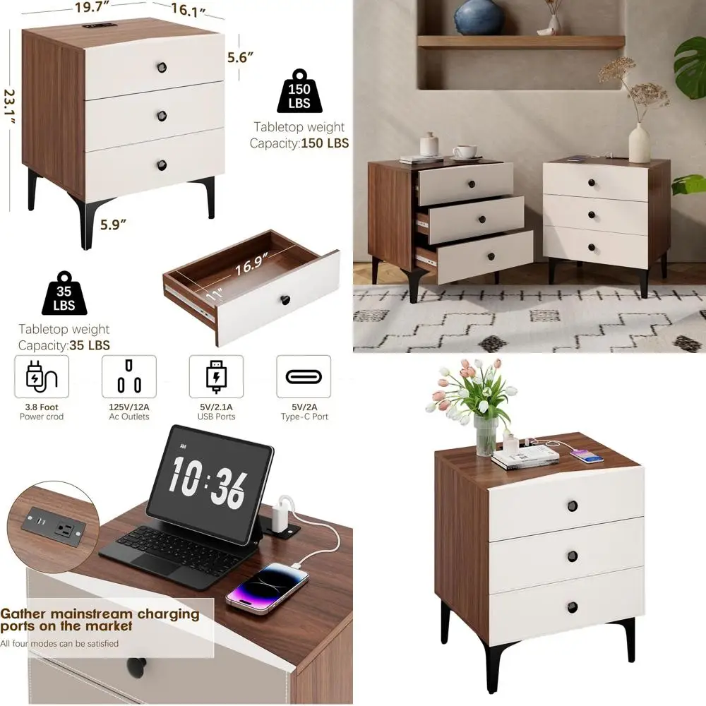 

Contemporary 3-Drawer Faux Leather Nightstand with USB-C Charging Port for Bedrooms