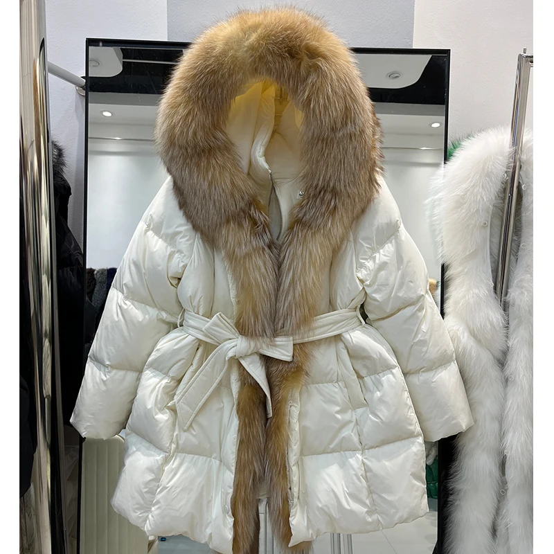 معطف نسائي من Ele بياقة من الفرو أسفل Jaet متوسط الطول وحزام للخصر معطف دافئ للتنقل Sle #1