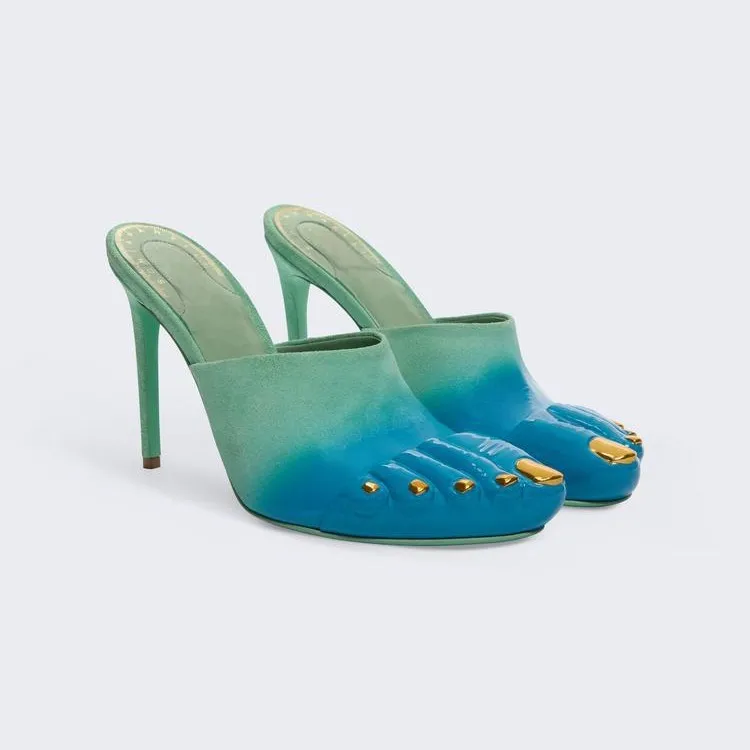 

Summer Golden Thumb Baotou Ultra High Heel Versatile Thin Heel Cool Slippers Women Comfortable Solid Color Metal Pointed Shoes