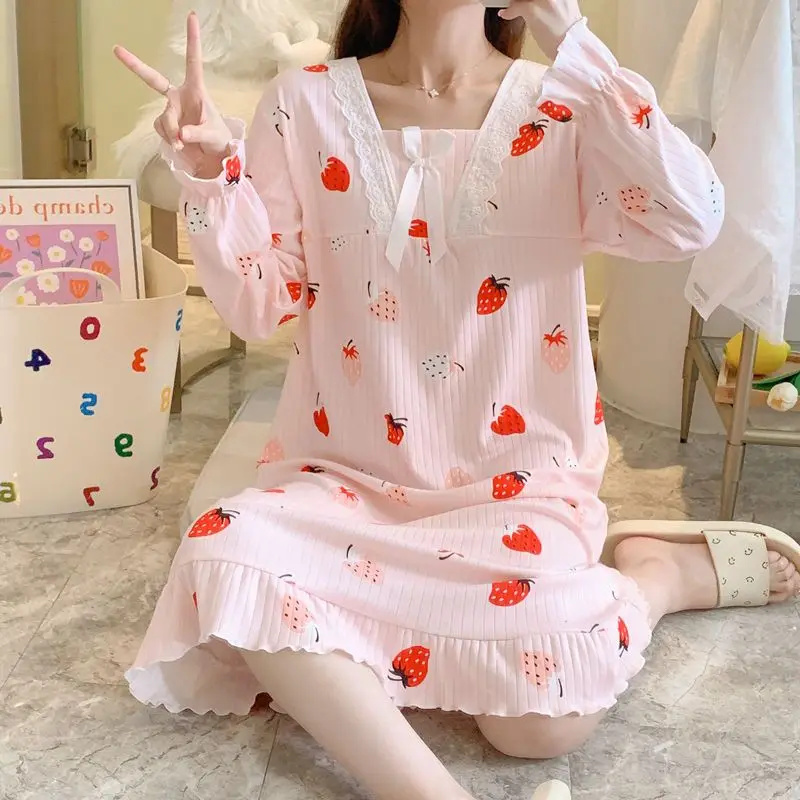 

Women Sleeping Skirt Kawaii Cartoon Spring Autumn Long Sleeves Nightgowns Pajamas Thin Style Home Clothes Princess Style Dress