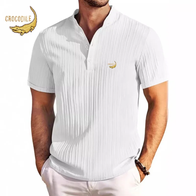 New High-end Embroidered Cotton and Linen Striped Henry Shirt for Men\'s Summer Casual Fashion Comfortable Breathable T-shirt Top