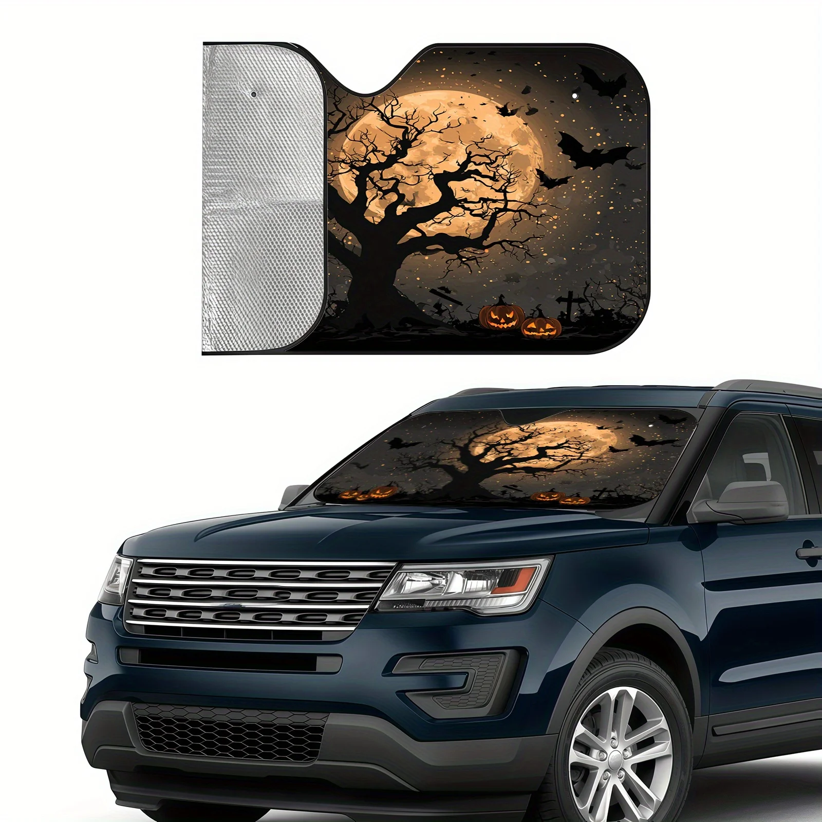 Halloween Withered Tree Pumpkin Car Sunshade, Dark Holiday Design, Heat Insulation And Heat Resistance, Stabilizes Car Interior