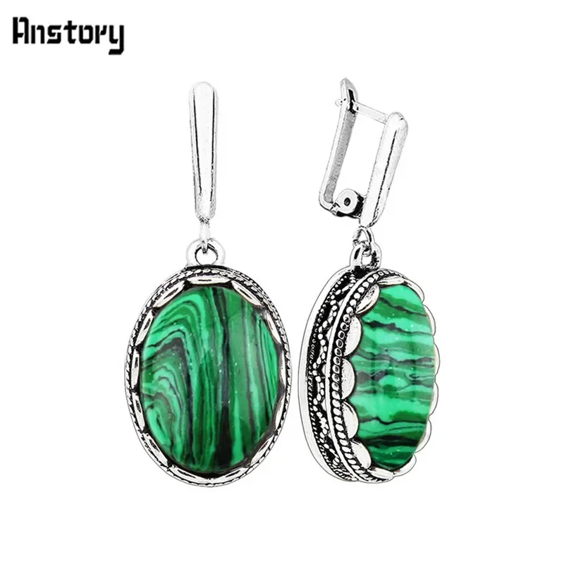 Flower Oval Malachite Dangle Earrings Vintage Look Antique Silver Plated Fashion Jewelry TE110