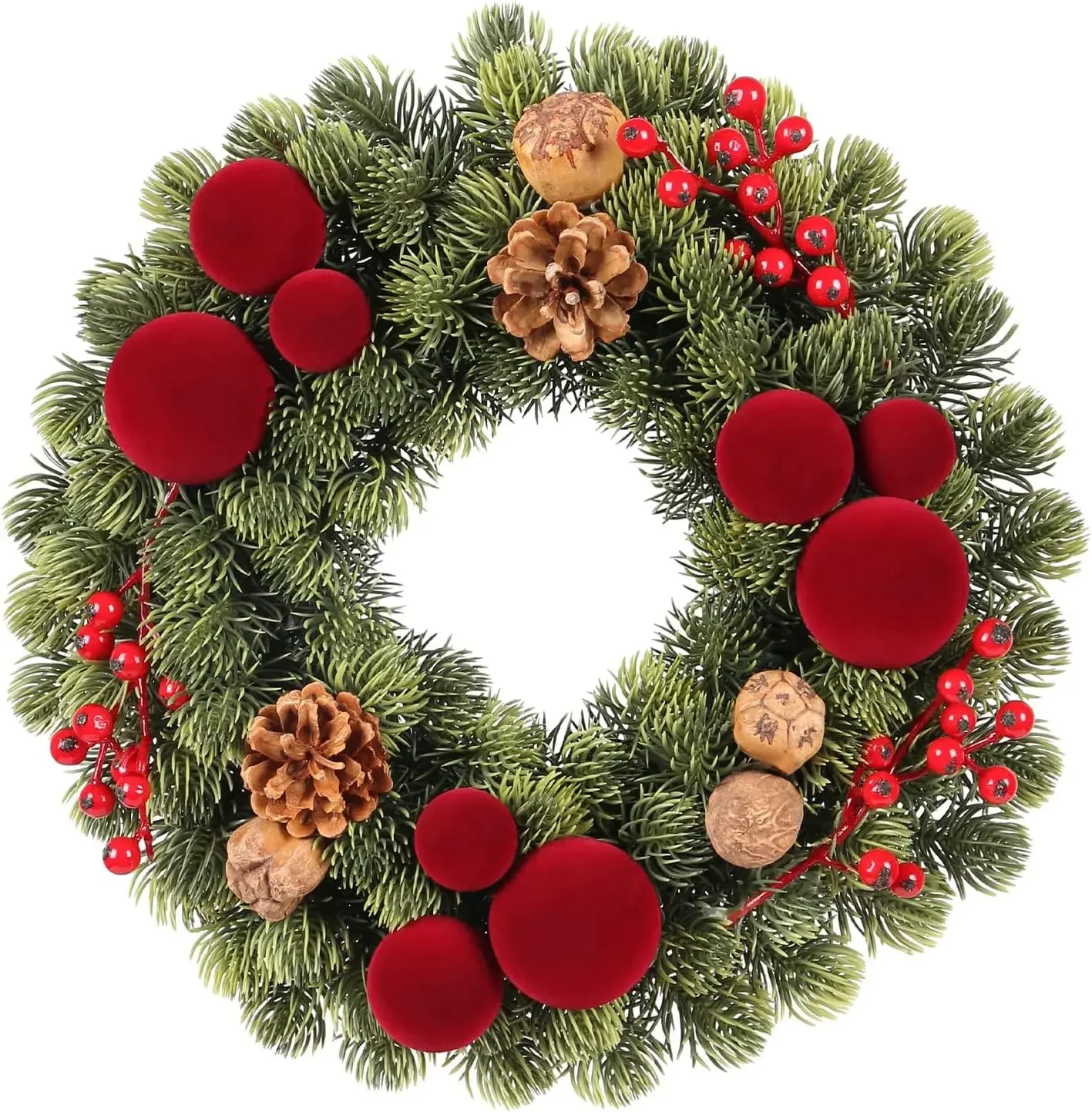 

Маленький рождественский венок — 13-дюймовый бордовый бархатный шар с ягодами и шишками для дверей и стен — декор для дома и улицы
