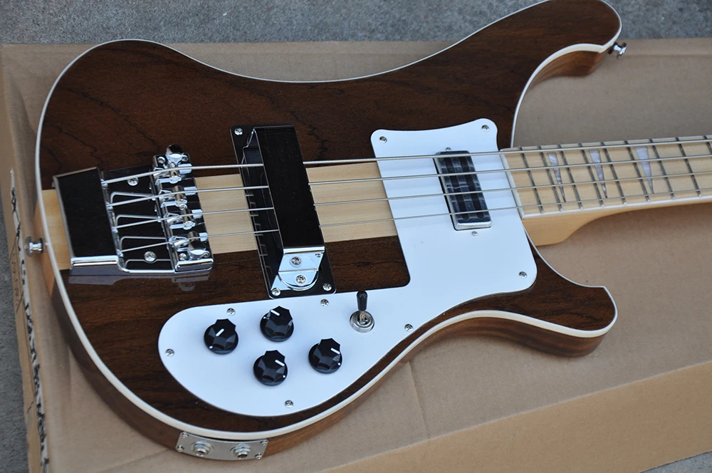 4 Strings Walnut Electric Neck-thru-body Bass Guitar with White Pickguard,Maple Fretboard with White Binding