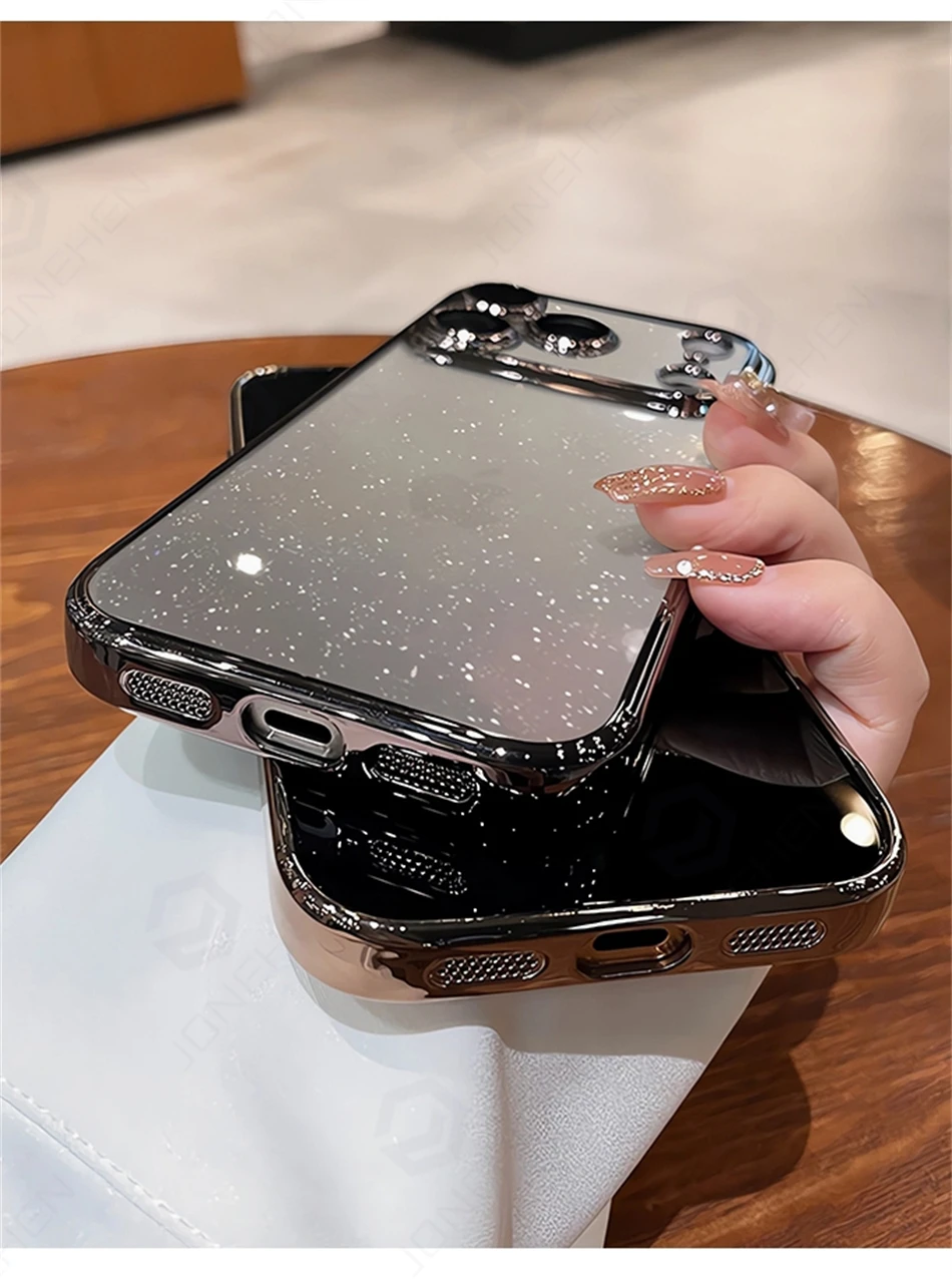 Luxuriöse Transparente Glitzer-Schutzhülle für iPhone 12 13 14 15 16 17 18 Pro Max mit Orangefarbener Beschichtung, Stoßfänger und Hartglas-Objektivabdeckung – Detail 7