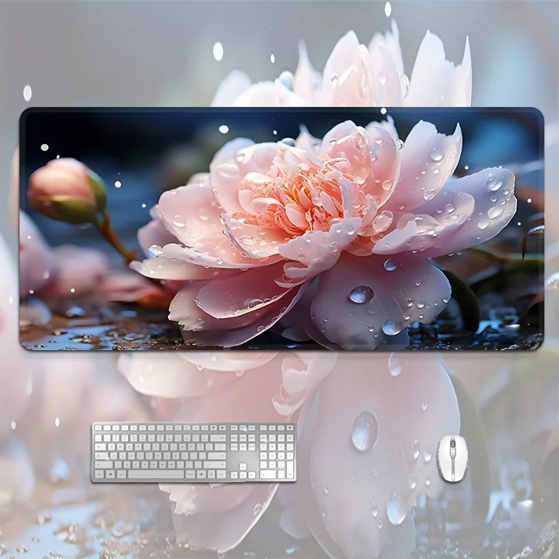

Pink Water Droplets Flower Extended Gaming Mouse Pad Large Rubber Desk Mat for Office and Computer