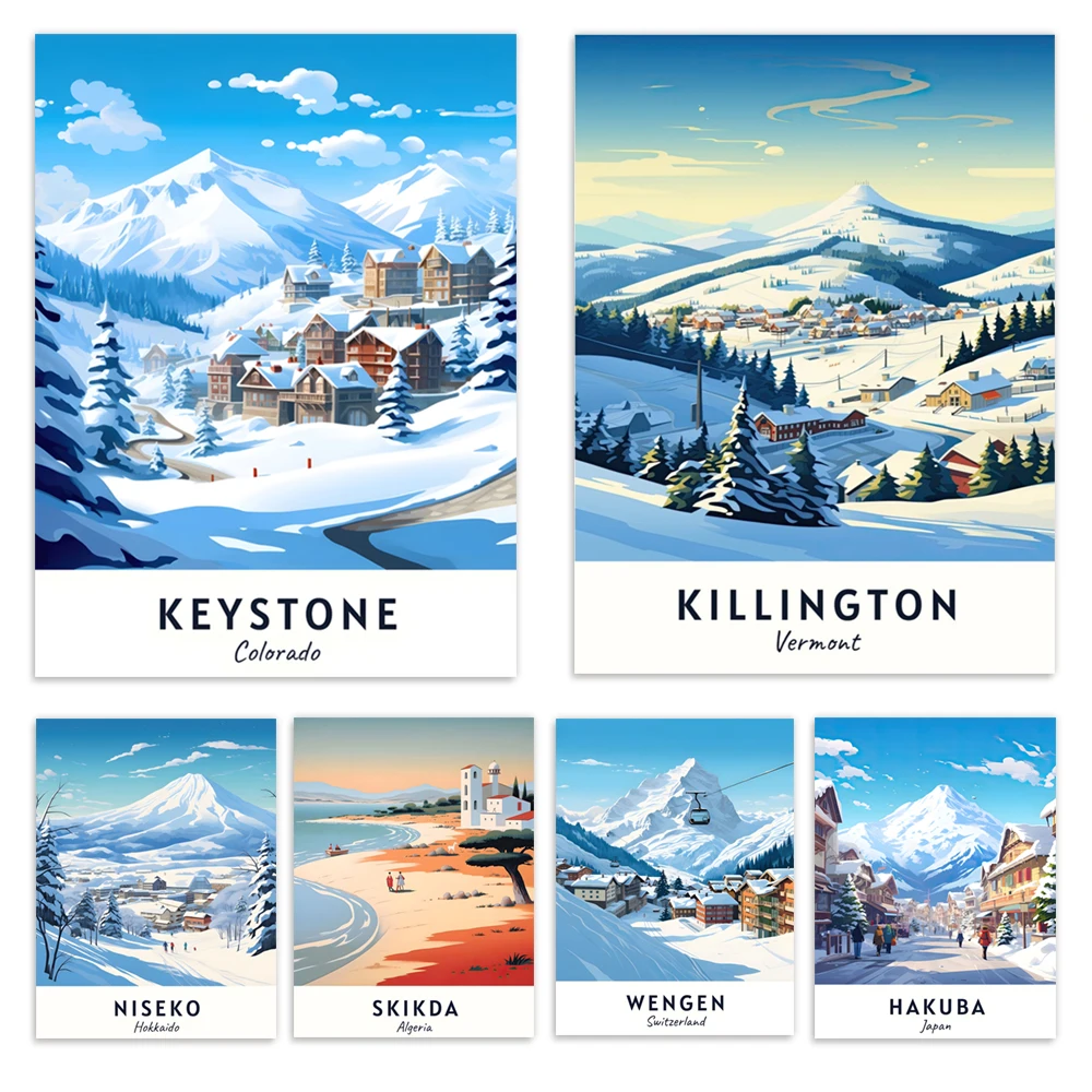 Wengen, Switzerland, Skikda Ski, Algeria, Niseko, Hokkaido, Hakuba Ski, Japan, Keystone Ski, Colorado, Killington Ski Posters