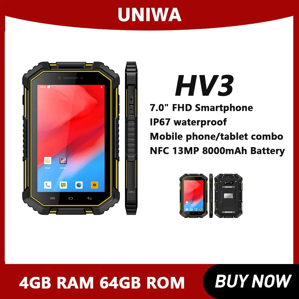Rugged Tablet UNIWA HV3 4GB RAM 64GB ROM NFC Mobile Phone IP67 7.0 Inch FHD Android 9.0 13MP 8000mAh Battery Cellphone