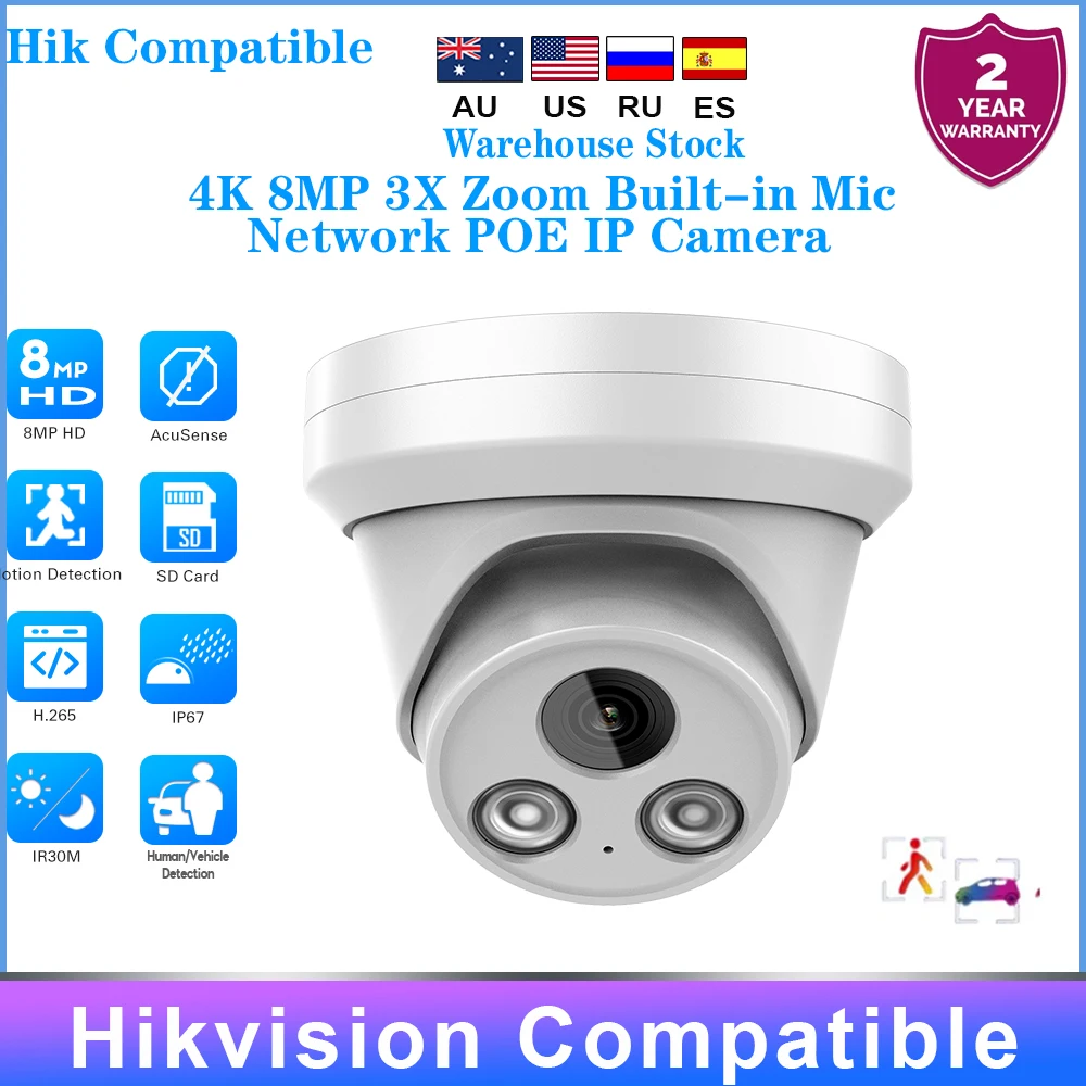 

Hikvision Compatible 4K 8MP 3X Zoom IP Camera Built-in Mic IR30M Human Vehicle Detection Plug&Play with Hikvision NVR APP View