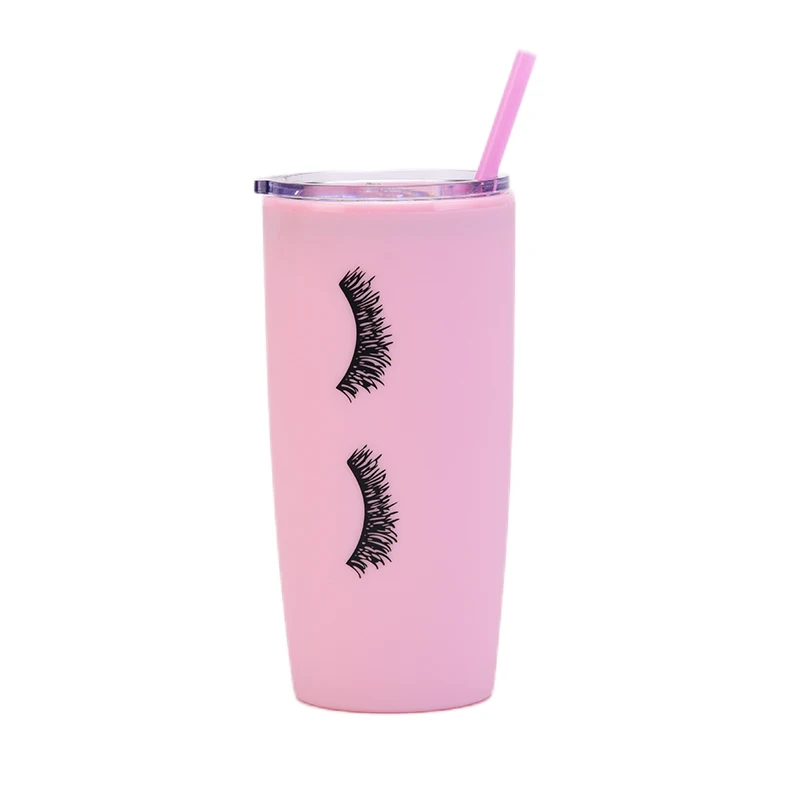 Creative 20oz Pink Eyelashes Juice Water Cup Plastic Travel Car Cup with Lid Straw Double Wall Coffee Cup Drinkware Girls Gift