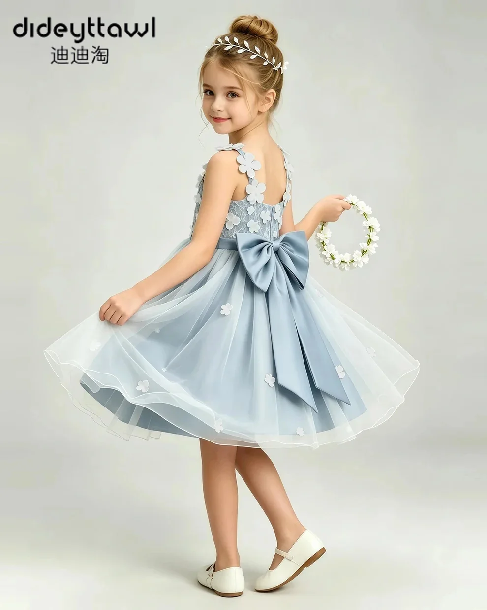 Little Girl Multi Color 3D Flower Tulle Dress Spaghetti Strap Big Bow Back Short Formal Gown Party Bridesmaid Outfit For Holiday