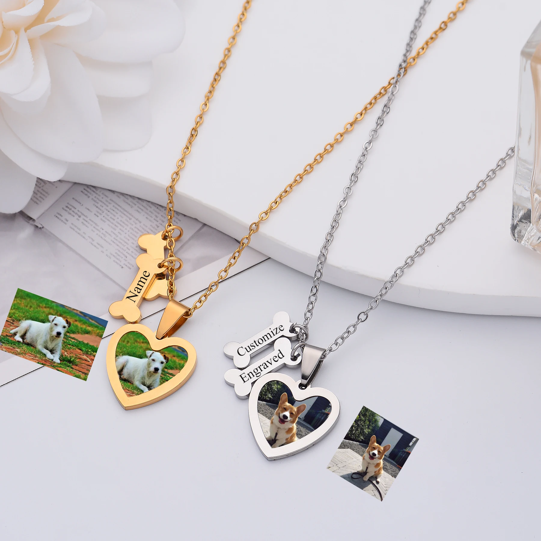 

Heart Custom Photo Necklace with Bone Pendant Engraved Name Date Text Stainless Steel Jewelry Personalized Gift