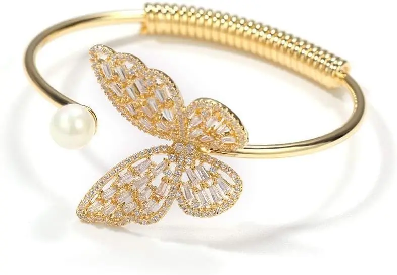 14K Gold Moissanite Butterfly Open Bangle for Women,Adjustable Freshwater Cultured Pearl Charm Bangle Bracelet,Gift for Mom,Girlfriend,Wife