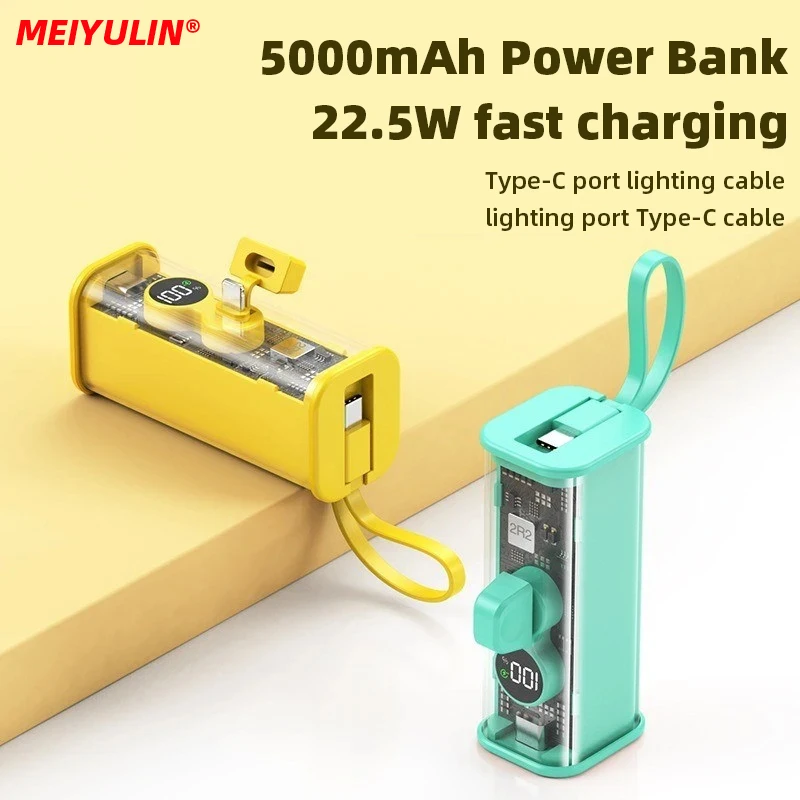 

5000mAh Transparent Power Bank Built In cable Portable PD20W USB C Fast Charging External Auxiliary Battery For IPhone 14 Xiaomi