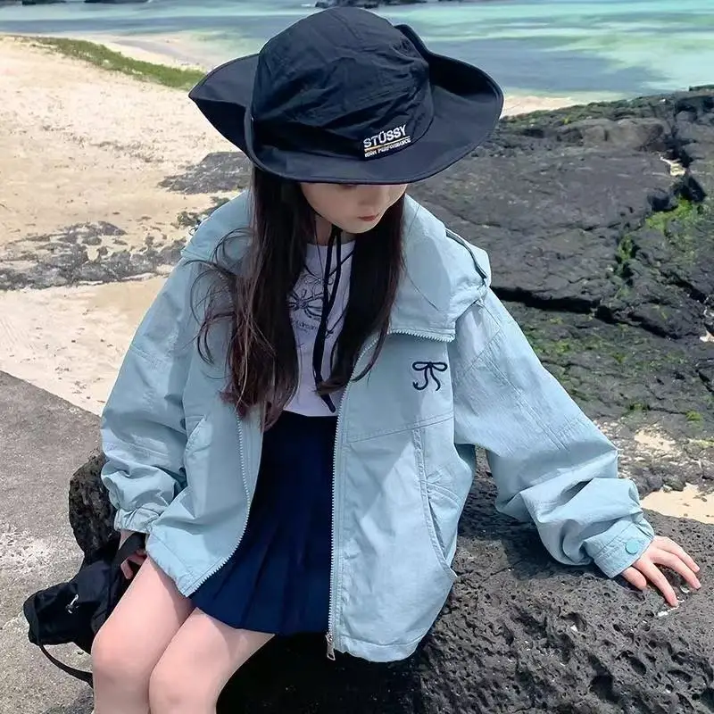 

2026 New Spring Autumn Girls Outdoor Jacket Solid Color Bow Hooded Zipper Coat For 4-12 Years Teen Girls Spring Casual Overcoat
