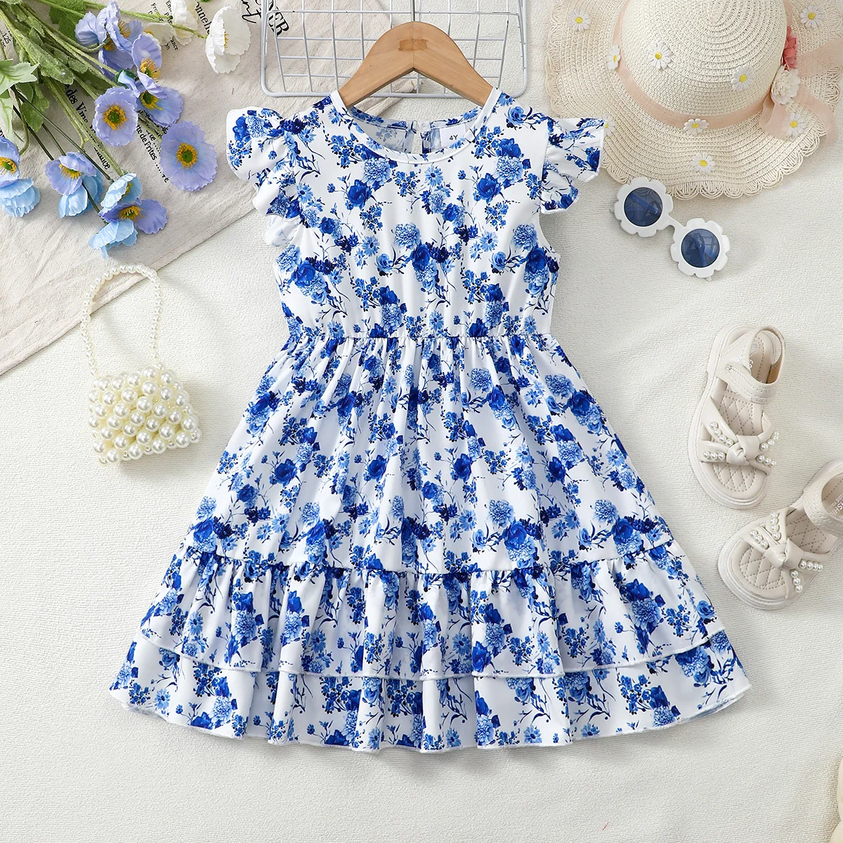 

1-6 Years Children Girl Casual Dresses Blue Flowers Print Sleeveless Dress for Kids Girl Summer Daily Wear Toddlers Clothing