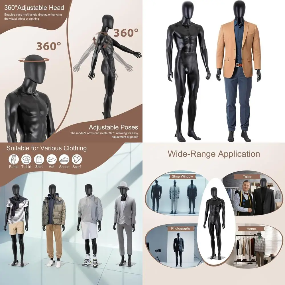 

73 Full-Body Male Mannequin with Adjustable Pose for Clothing Displays, Black