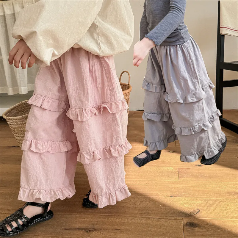 

2025 Spring Summer Girls Ruffles Wide Leg Pants Kids Ankle-length Pants Baby Girl Loose Casual Trousers Elastic Waist Pant