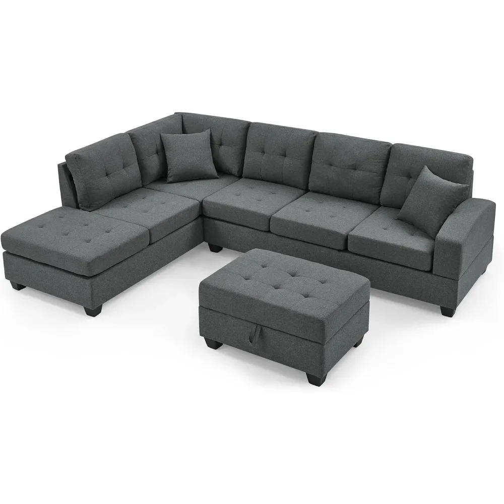 Living Room Sofa Set , L Shape Modular Storage Ottoman & Chaise, Comfy Corner Sofa Cup Holder Living Room Furniture Couch Sets