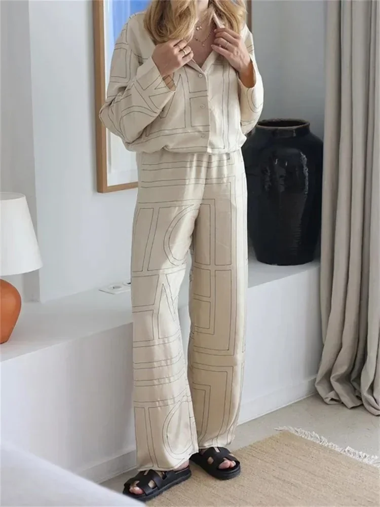 Casual Patchwork Printed 2 Piece-Set For Women Trousers Fashion Lapel Shirts Nightwear Slim High Waist Women's Pants Sets