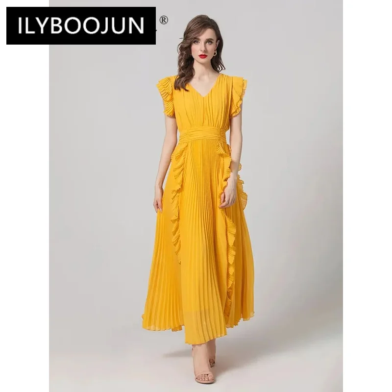 

ILYBOOJUN Summer High Quality New Arrivals Women Dress Vintage Solid Color Tunics Ruffles Pleated Temperament Sleeveless Dresses