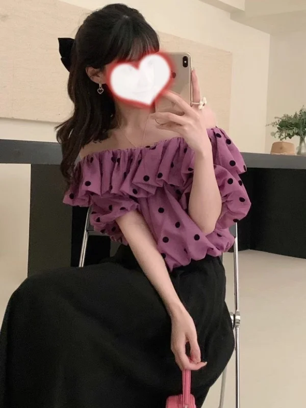 

Retro Sweetheart One oulder ort Sve Chiffon irt Women's Korean Sle Aosphere Dot Lantern Sve Summer irt