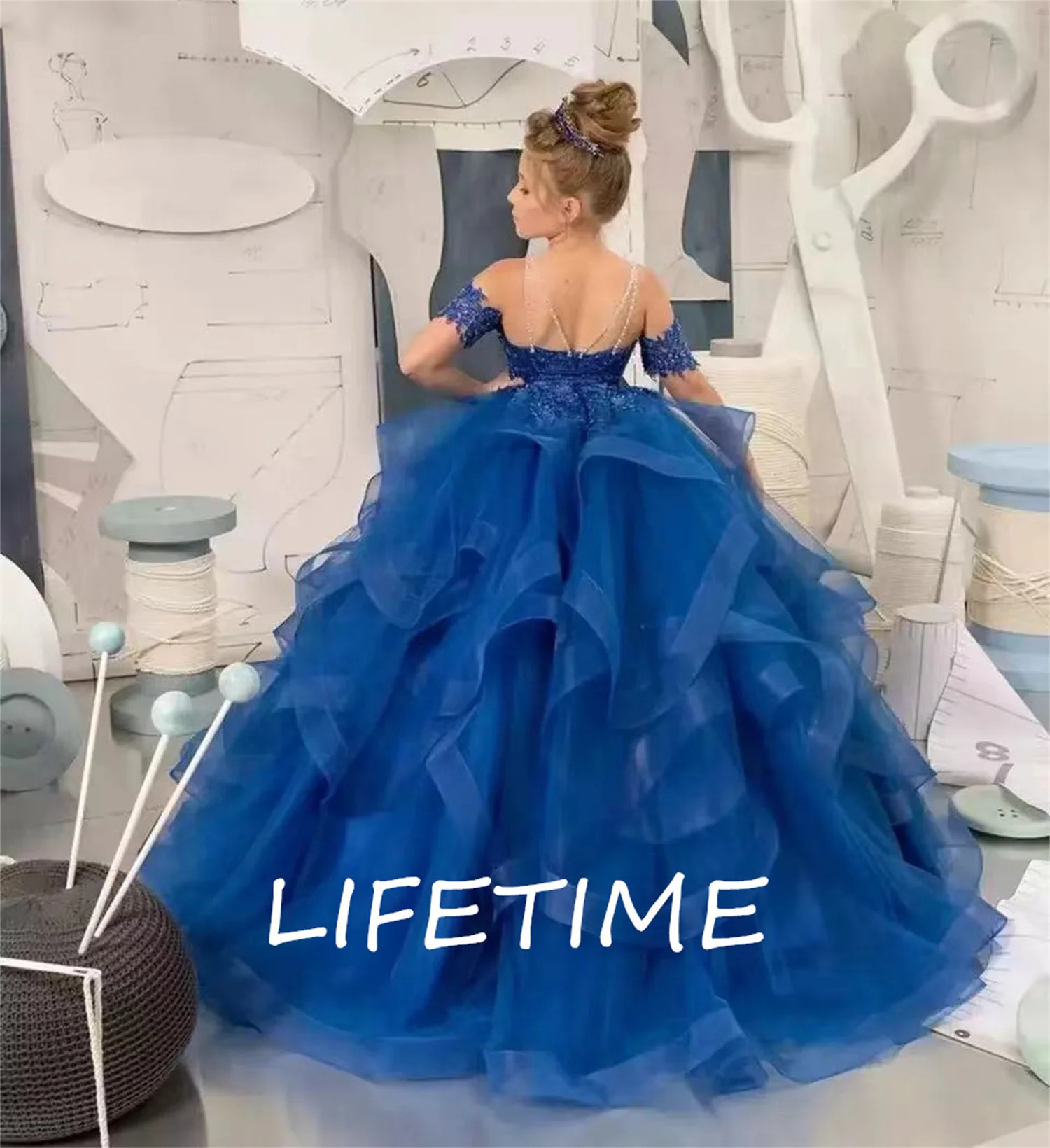 

Navy Blue Flower Girl Dresses For Weddings 2022 Spaghetti Straps Princess Organza Appliques Kids Birthday Party Gown Ball Dress