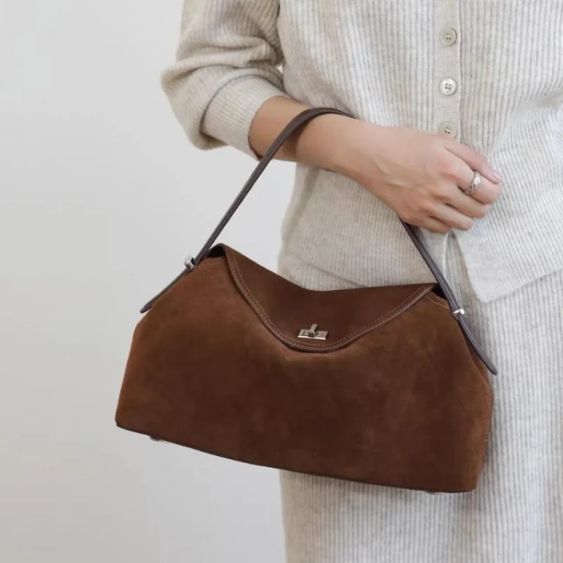 

Genuine Leather Suede Women's Handbag Retro Clasp Design Luxury Hobo Underarm Bag Noble Versatile Trend Crossbody Bowling Tote