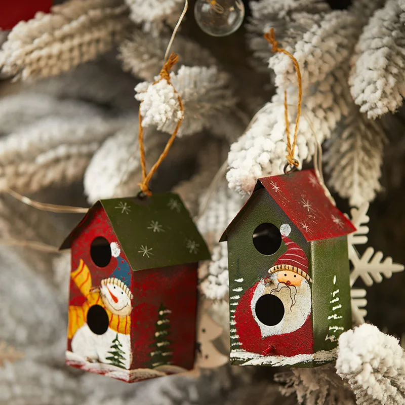 

2PCS Red And White Iron Houses Christmas Tree Ornaments with Santa Claus And Snowman Pattern Hanging Decorations for Festive Hom