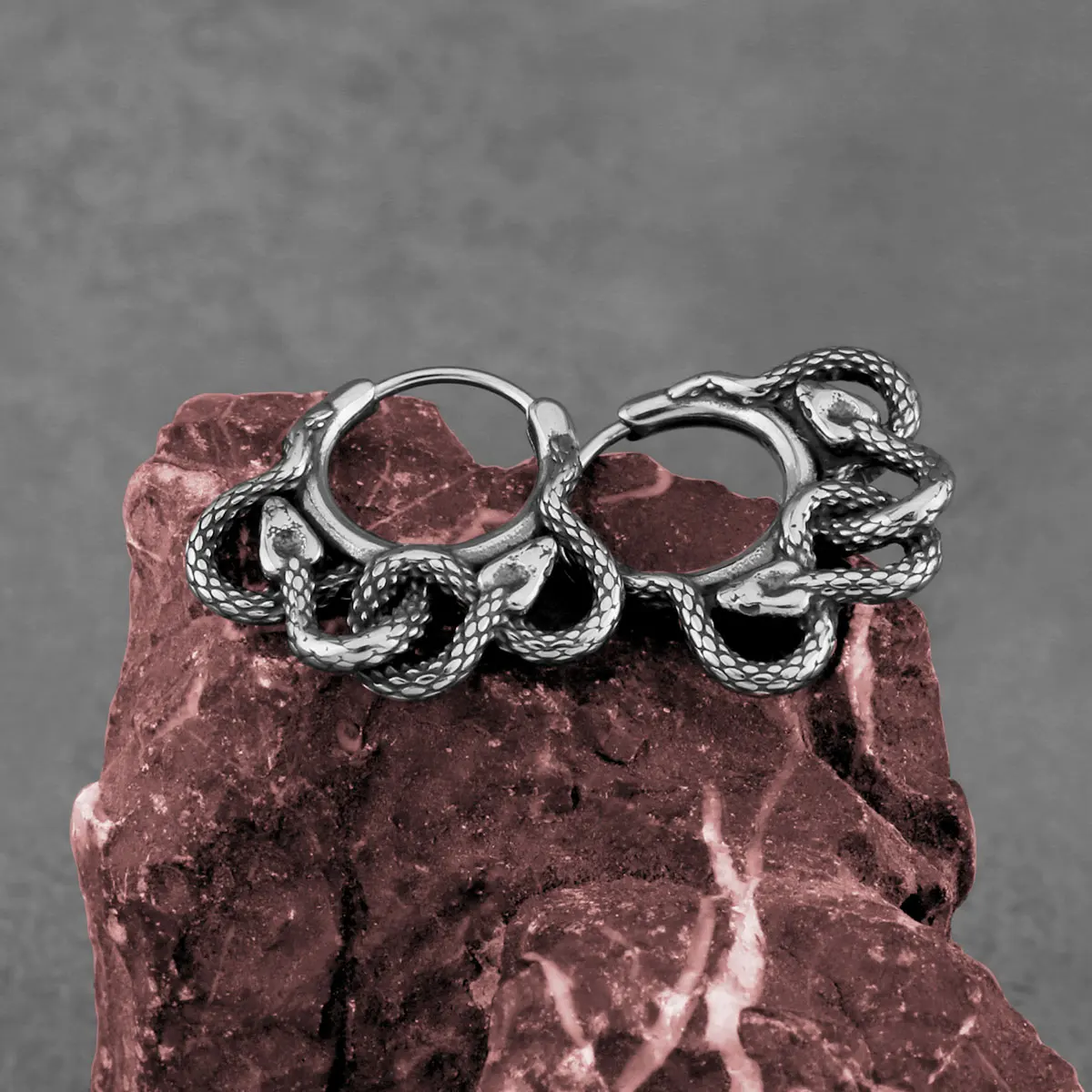 Viking Double Snake Head Hoop Earrings Men Women Gothic Black Gun Plated Earrings Jewelry Stainless Steel Handmade Accessories