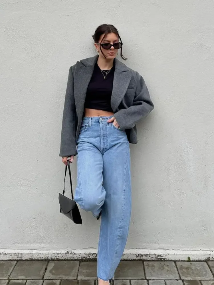 

Solid Color Casual Woolen Jacket Chic Collar V-neck Long Sleeved Loose Cut Jackets 2025 New Fashion Daily Highstreet Outerwears
