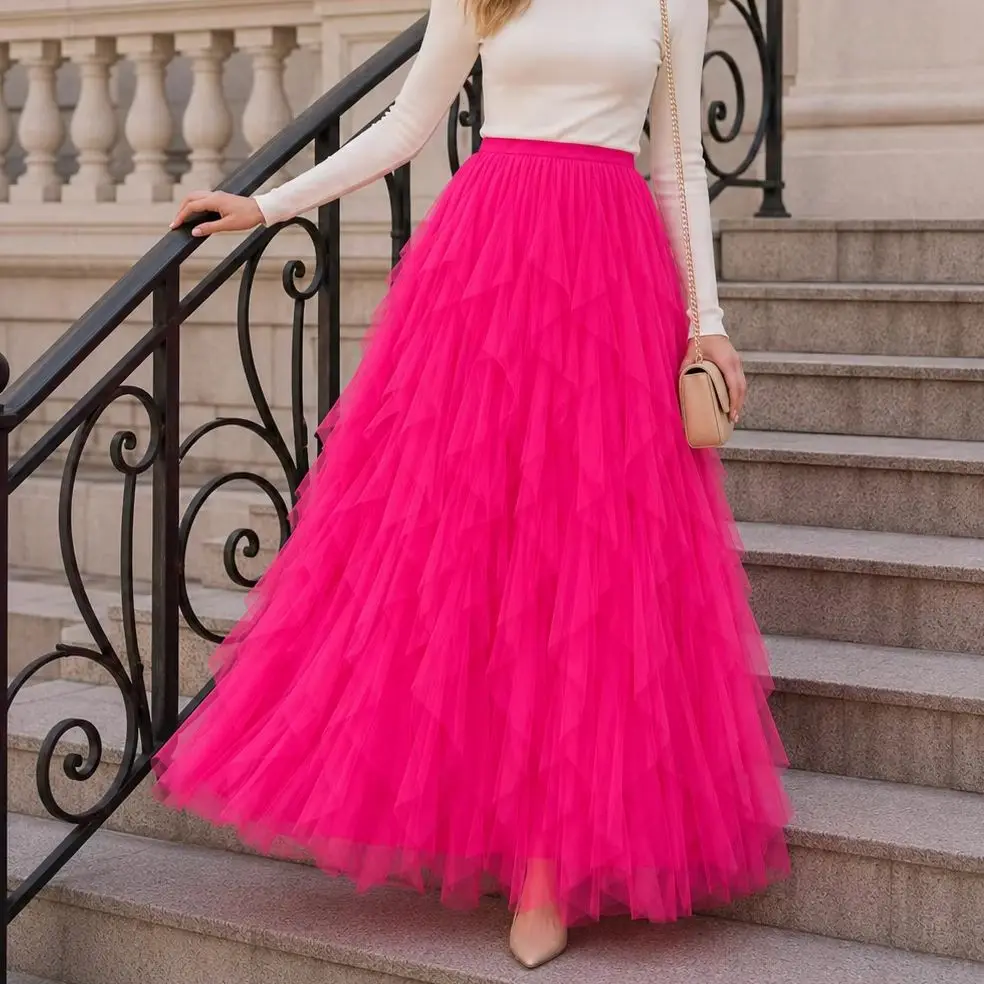 Korean Women Tulle Long Maxi Skirt High Waist Mesh Tutu Skirt Pleated Solid Color Elegant Fairycore Summer Party Skirt Wear