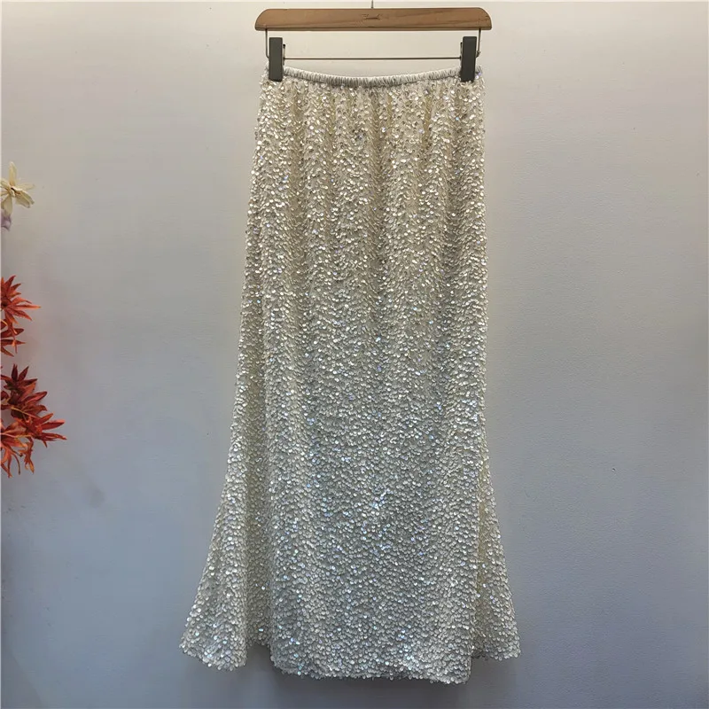 유럽 스타일 한국 버전 우아한 A라인 바디콘 롱 스커트 여성 섹시 반짝이는 헤비 시퀸 스커트 미디 길이 머메이드 스커트